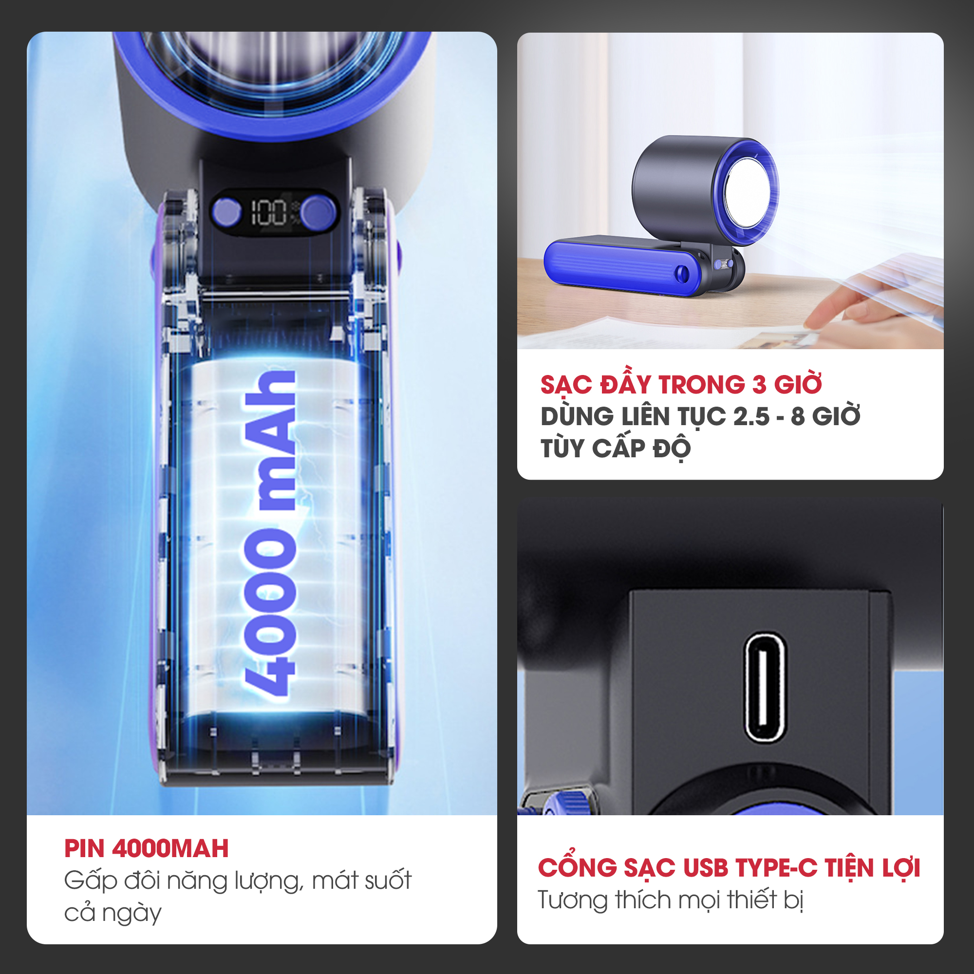 Quạt sạc cầm tay sò lạnh Magic A-017 3 quạt mini 3