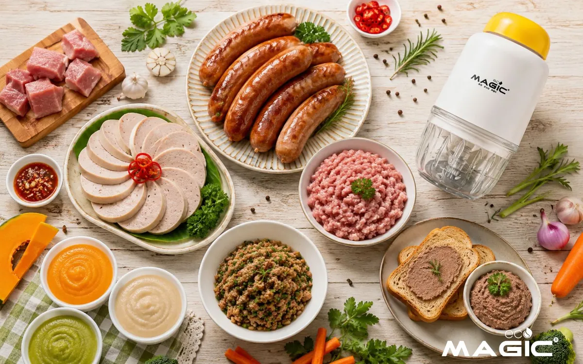 Máy Xay Thịt: Nâng Cao Trải Nghiệm Nấu Ăn Tại Gia - Bí Quyết Của Mọi Đầu Bếp 3 Ảnh ghép nhiều món ăn đa dạng như xúc xích, chả, pate, đồ ăn dặm được làm từ máy xay thịt, thể hiện sự sáng tạo không giới hạn