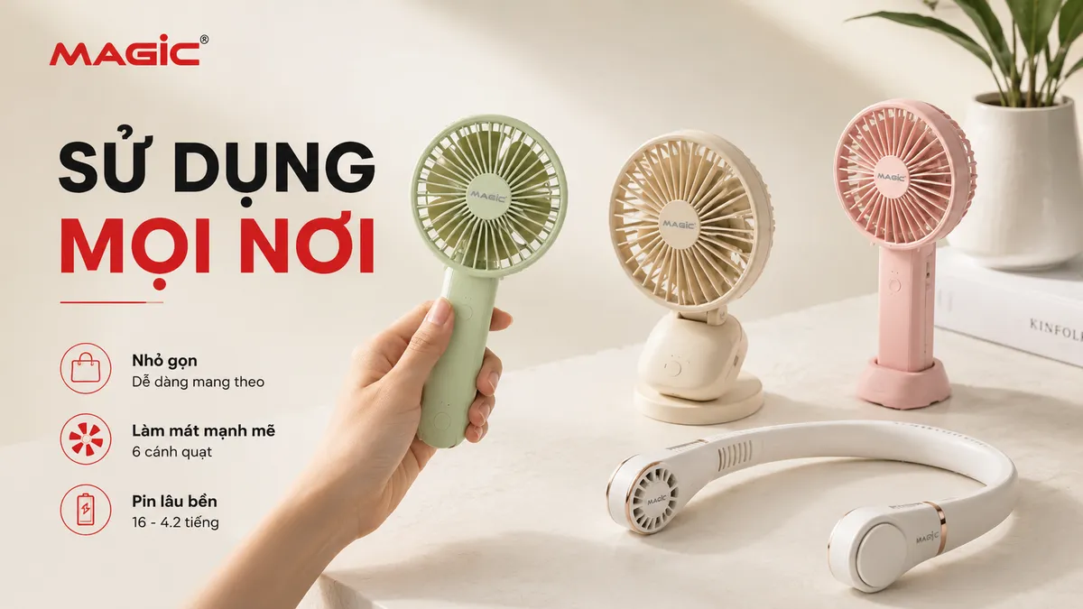 Bộ sưu tập đa dạng các loại quạt cầm tay mini bao gồm quạt cầm tay truyền thống, quạt có đế để bàn, và quạt đeo cổ, trưng bày thiết kế và chức năng khác nhau.