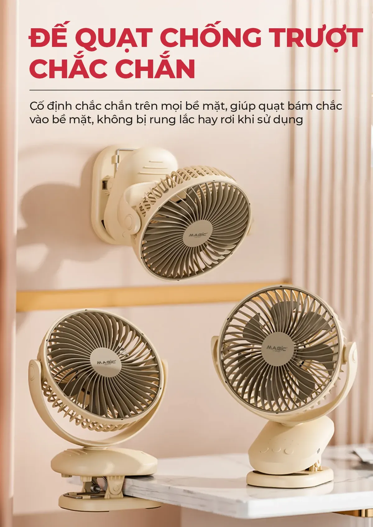 Cận cảnh quạt tích điện kẹp, làm nổi bật đầu quạt có thể xoay 360 độ và chân kẹp đa năng, thể hiện cấu tạo tiện lợi và linh hoạt của quạt sạc.