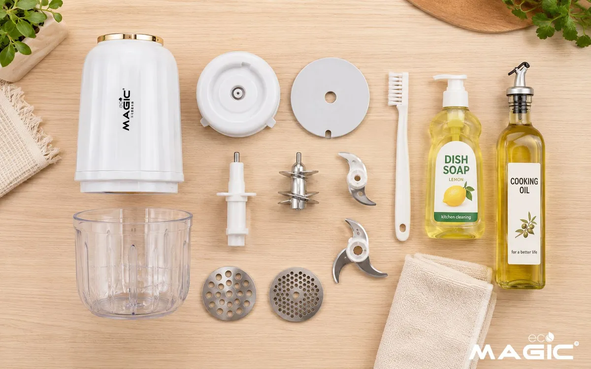 Ảnh sắp đặt các dụng cụ vệ sinh máy xay thịt mini bao gồm bàn chải, xà phòng, khăn, và dầu ăn, thể hiện sự chuẩn bị cho quy trình vệ sinh máy xay thịt mini.