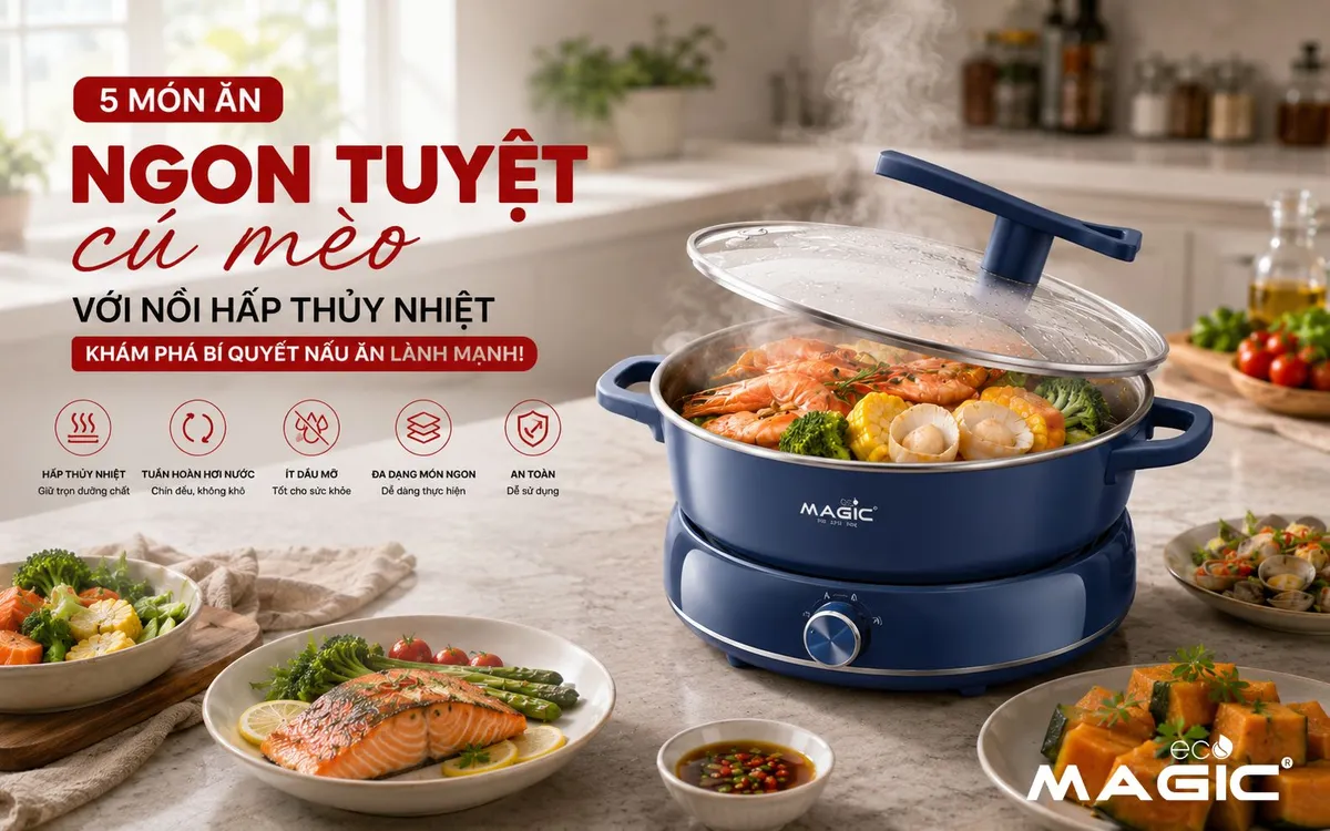 Nồi hấp thủy nhiệt hiện đại đang hoạt động với hơi nước bốc lên nhẹ nhàng từ các tầng hấp, bên trong là nhiều loại thực phẩm tươi ngon như cá hồi, rau xanh. Ảnh minh họa cho bữa ăn lành mạnh.