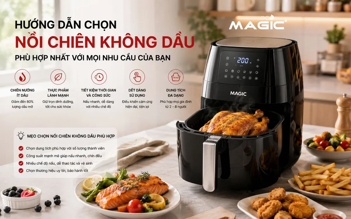 Hướng Dẫn Chọn Nồi Chiên Không Dầu Phù Hợp Nhất Với Mọi Nhu Cầu Của Bạn 1 Hình ảnh tổng quan nồi chiên không dầu đang chiên khoai tây vàng giòn trên bàn bếp hiện đại, thể hiện món ăn lành mạnh và tiện lợi.