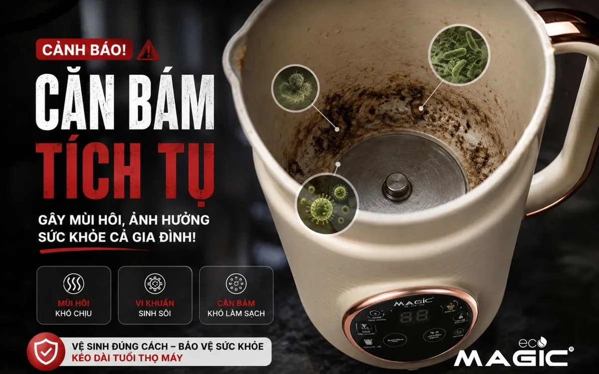 Hình ảnh cận cảnh bên trong máy làm sữa hạt bị bám bẩn, minh họa nguy cơ vi khuẩn và nấm mốc phát triển nếu không vệ sinh định kỳ, gây ảnh hưởng đến sức khỏe.