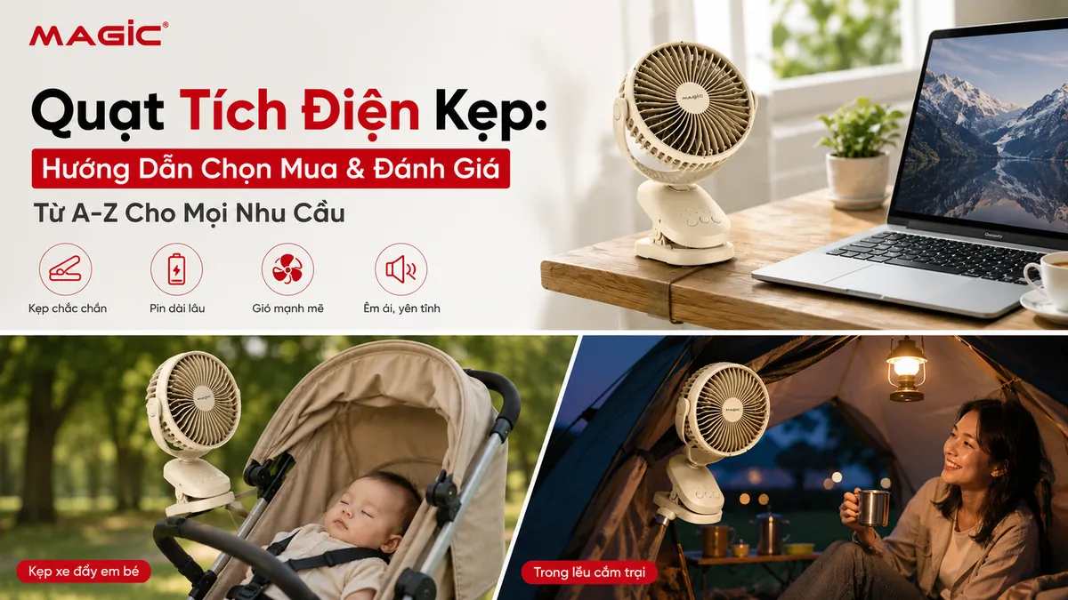 Quạt tích điện kẹp đa năng trong nhiều bối cảnh sử dụng: trên bàn làm việc, xe đẩy em bé và lều cắm trại, minh họa sự tiện lợi và di động của quạt kẹp sạc điện.
